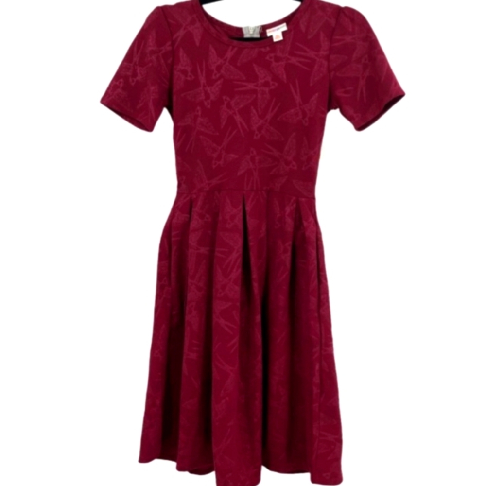 NWT Lularoe Amelia Dress Pleated Pockets Birds Graduation Red Rustic XS